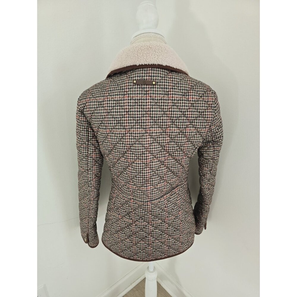 Lauren Ralph Lauren Houndstooth Quilted Jacket S Brown Green Faux Sherpa Collar - Picture 11 of 14